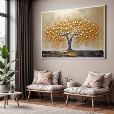 Imagem de Quadro com Moldura Sala Quarto Arvore Dourada Pintura Decorativo Horizontal Grande Hall