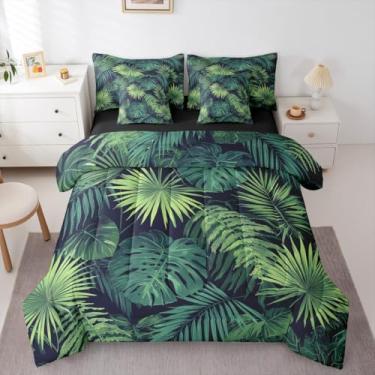 Imagem de Erosebridal Conjunto de edredom Queen com folhas de palmeira, 7 peças, cama Monstera em uma bolsa para quarto, folhas tropicais havaianas, edredom com edredom, lençóis, fronhas, estilo boho hippie