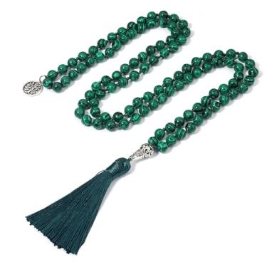 Imagem de BALIBALI Colar de 108 contas Mala com pedras semipreciosas e meditação 108 nó à mão Japa Mala com pingente de árvore da vida, Pavão verde, pavão verde