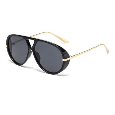 Imagem de Azoxus Óculos de sol aviador femininos grandes modernos retrô grandes óculos de sol escudos laterais chiques, Armação preta/lente cinza escuro, oversized