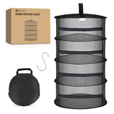 Imagem de Yesker Rack de secagem de ervas com 4 camadas, rede de malha, dobrável, para secar plantas, 45,72 cm de diâmetro, com zíper preto e gancho para secador, suporte para pendurar ervas, sementes, frutas