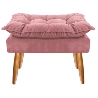 Imagem de Banqueta Estofada com Almofada Matelassê, Veludo Rosa, Pés em Madeira