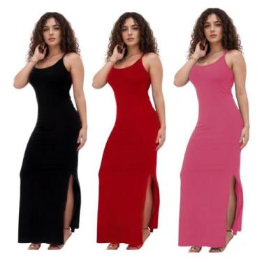 Imagem de KIT C/3 Vestidos Canelado Longo com Fenda - Emporio J, Preto, Vermelho