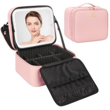 Imagem de Bolsa de maquiagem Relavel com espelho LED recarregável rosa claro