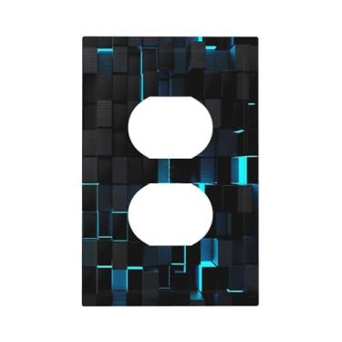 Imagem de Cubos abstratos azul preto geométrico xadrez 1 gangue placa de interruptor de luz dupla capa de tomada placa de parede decorativa receptáculo elétrico placa frontal para cozinha, banheiro, quarto