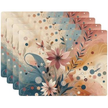 Imagem de Conjunto de 4 jogo americano com suporte de cortiça, decoração de cozinha e mesa de jantar jogo americano rígido 30,5 x 40,6 cm (arte floral)