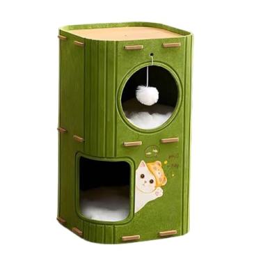 Imagem de XiongDaFaFa Torre de árvore para gatos de 2 camadas com poste para arranhar - veludo verde | Cama para gatos de dois andares para casas com vários gatos, árvores compactas e duráveis de 37 cm