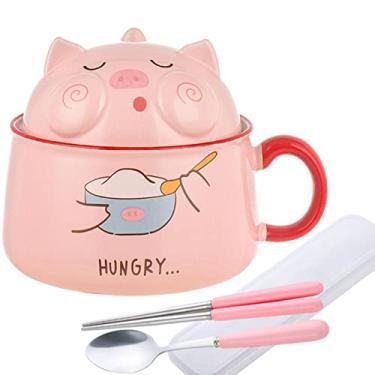 Imagem de Tigela de cerâmica de porco ramen com hashis tampa colher fofa salada frutas macarrão instantâneo sopa de arroz tigela grande de cozinha talheres