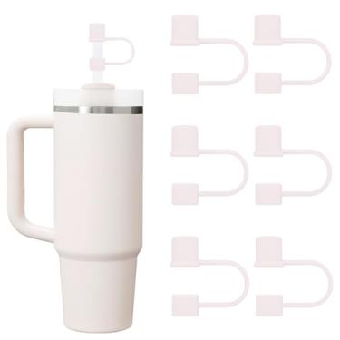 Imagem de 6 peças de tampas de palha de silicone compatíveis com Stanley Cup copo de 850.5-1,134.0 g com alça de 10 mm tampa reutilizável para acessórios Stanley Cup (Rosa-branco)