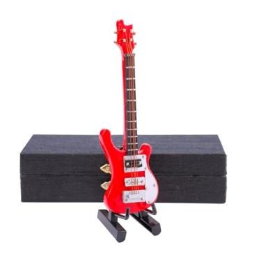 Imagem de Dselvgvu Miniatura de madeira para baixo elétrico com suporte e estojo Mini instrumento musical réplica de baixo elétrico estatuetas colecionáveis modelo decoração de casa ornamento de exibição (10 x