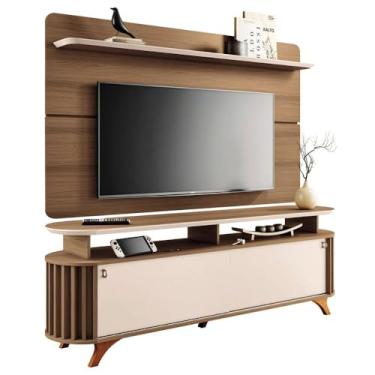 Imagem de Kit Bancada Alba e Painel Curv Tv até 70” Pés Madeira Maciça Castanho/off White