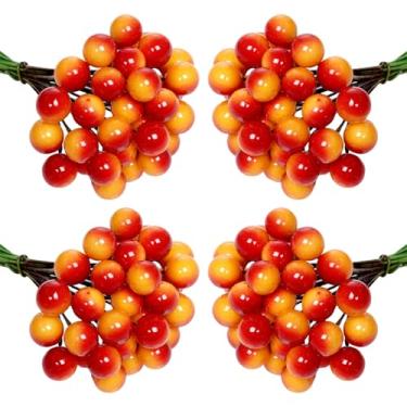 Imagem de Lystaii 200 peças de bagas artificiais de azevinho de 10 mm, bagas falsas de Natal com hastes de arame, palhetas para decoração de árvore de Natal, guirlanda de artesanato, festa (hastes laranja e