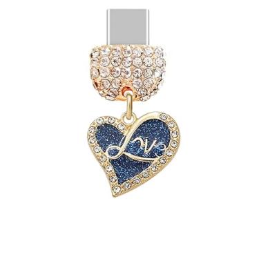 Imagem de ELISE & FONDA TP870 Tipo-C Porta de carregamento Cristal Antipoeira Plug Little Love Heart com glitter para celular iPhone 15/16/Samsung/OnePlus/Xiaomi/oppo telefones Android (azul)
