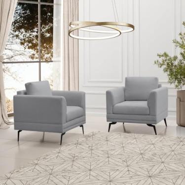 Imagem de Kit 2 Poltronas Poemme Linha Alta Moderna Pés De Ferro Resistênte Para Sala Luxuosa - Linho Cinza