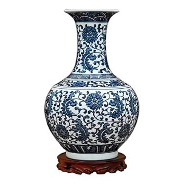 Imagem de AKALNNB Vaso de flor vaso de cerâmica novo chinês pintado à mão vasos de porcelana azul e branco 33 cm grande decoração de mesa vaso de flores com base vaso decorativo