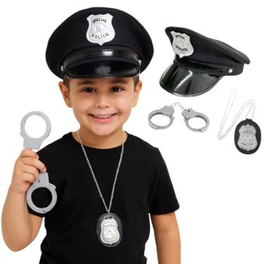 Imagem de Policial Infantil Com Quepe, Distintivo e Algemas, Kit Fantasia Completo Para Criança, Acessórios de Brincadeira