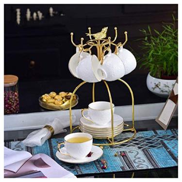 Imagem de Xícara de café de cerâmica em relevo e pires com suporte de copo de metal dourado leve de luxo britânico xícara de café para casa pires e colher conjunto de 6 peças xícara de chá