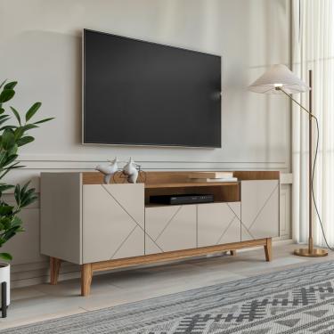 Imagem de Rack para TV até 65 Polegadas 4 Portas com Pés de Madeira Maciça Adria Casa D - Off White/Cedro