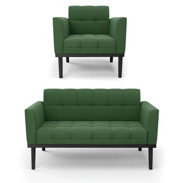 Imagem de Conjunto Poltrona e Namoradeira Decorativa Karen Pés Fixo em Madeira Preto Suede Verde G19 - Gran Belo