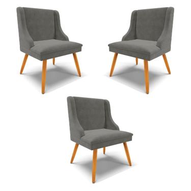 Imagem de Kit 3 Cadeiras Decorativas Sala de Jantar Pés Palito de Madeira Firenze Suede Grafite/Natural G19 - Gran Belo