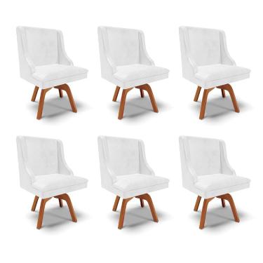 Imagem de Kit 6 Cadeiras Decorativas Sala de Jantar Base Giratória de Madeira Firenze PU Branco Brilho/Natural G19 - Gran Belo