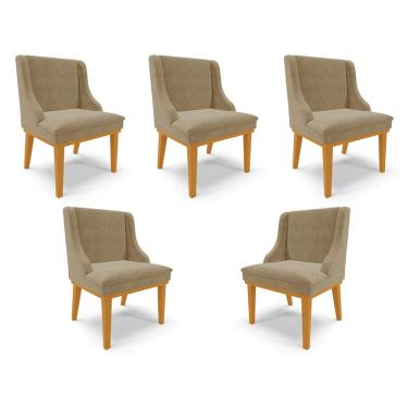 Imagem de Kit 5 Cadeiras Decorativas Sala de Jantar Base Fixa de Madeira Firenze Suede Nude/Castanho G19 - Gran Belo