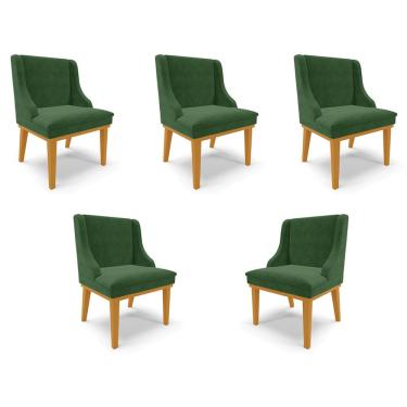 Imagem de Kit 5 Cadeiras Decorativas Sala de Jantar Base Fixa de Madeira Firenze Suede Verde/Castanho G19 - Gran Belo