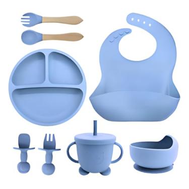 Imagem de Kit Introdução Alimentar Bebê 8 Peças Silicone Iniciação Para Alimentos Livre de BPA Atóxico Antibacteriano Seguro Sem Pontas Colher, garfo, copinho, pote e pratinho Azul claro