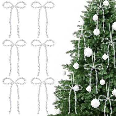 Imagem de Dingion 6 peças de enfeites de árvore de Natal de cristal com nó de laço para pendurar com fita branca translúcida Natal inverno cristais decorações suprimentos