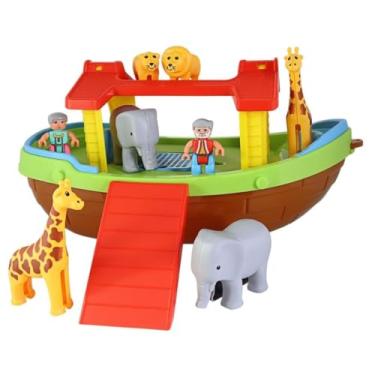 Imagem de Arca de Noé de Brinquedo com 2 Bonecos e 6 Animais, Barco Infantil Educativo, Conjunto para Montar