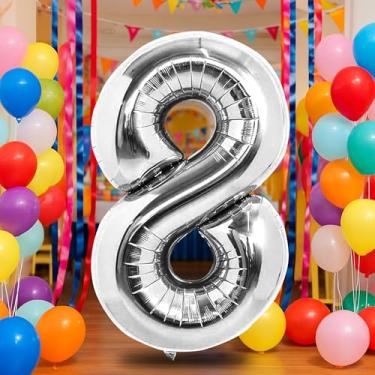 Imagem de Balão de prata número 8 de 101 cm para decoração de aniversário de 8 anos, balões autoinfláveis com número de folha de creme de 0 a 9, balão de hélio de areia branca para meninos, meninas, mulheres