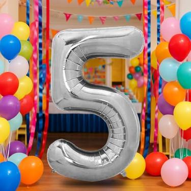 Imagem de Balão de prata número 5 de 81 cm para decoração de 5º aniversário, balões autoinfláveis com número de folha de creme 0-9, balão de hélio de areia branca para meninos, meninas, mulheres, homens