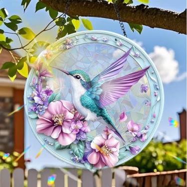 Imagem de Acrílico colorido Suncatcher, decoração para pendurar pássaros com design de estilo vitral impresso, arte de parede de arco-íris, refrator de luz do sol, decoração de casa interna e externa com