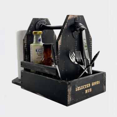 Imagem de Organizador de madeira para churrasqueira – Suporte versátil para churrasqueira ao ar livre – Condimento de madeira rústica portátil e suporte de papel toalha com abridor de garrafas para piquenique e
