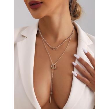 Imagem de Colar elegante de camada dupla com pingente de anel e pingente de barra – comprimento ajustável para mulheres, one size, Liga de aço, aço inoxidável