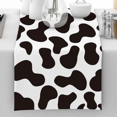 Imagem de Caminho de mesa com manchas de vaca caminho de mesa preto e branco decoração de casa de fazenda para cozinha, jantar, festa, feriados, 33 x 182 cm