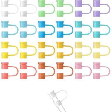 Imagem de 24 peças de tampas de palha, tampa de cobertura de canudo reutilizável de silicone resistente à poeira, decoração divertida de silicone 0,7-0,8 cm para copo Stanley (12 cores)