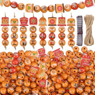 Imagem de Cinnvoice 240 peças de contas de madeira de Natal com barbante homem de gengibre boneco de neve quebra-nozes guirlanda de contas de madeira Natal artesanato DIY contas redondas para festa de inverno