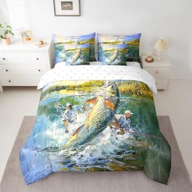 Imagem de Feelyou Conjunto de edredom solteiro de peixe robalo, 7 peças, cabana de lago, para meninos, meninas, adolescentes, pescador, lúcio, conjunto de cama respirável, para decoração de quarto
