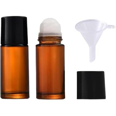 Imagem de 2 frascos de rolo de óleo essencial de vidro vazio marrom recipientes recarregáveis frascos roll-on com funil recipientes cosméticos recarregáveis bolas de rolo para óleos essenciais (sem funil) (50