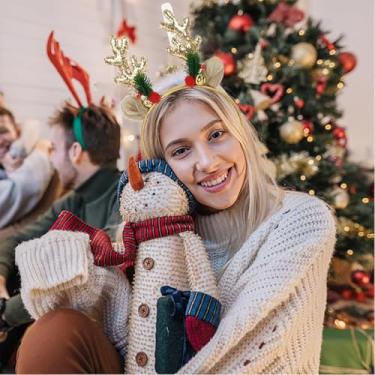 Imagem de Faixas de cabelo de chifres de alce com glitter de Natal com lantejoulas douradas, chifres de rena, acessório de festa de fim de ano (dourado)