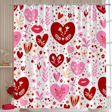 Imagem de AMFD Cortina de chuveiro para dia dos namorados, vermelho, rosa, coração romântico, floral, bolinhas, boêmio, moderno, conjunto de tecido para decoração inclui ganchos, (177,8 cm x 177,8 cm (L) 170 A)