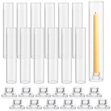 Imagem de Teenyyou Conjunto de 12 castiçais de vidro Hurricane de 30 cm em formato de tubo sem fundo e castiçais transparentes de 3 cm para mesa de festa de casamento