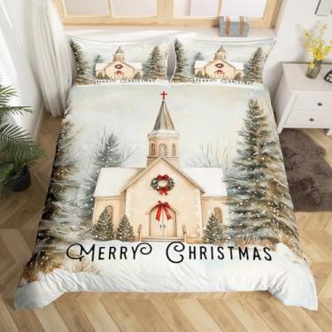 Imagem de Capa de edredom de Natal tamanho casal, conjunto de cama feliz natal com 2 fronhas, capa de edredom de inverno para crianças, adolescentes, meninos, meninas, pinheiros selvagens (sem enchimento), 3