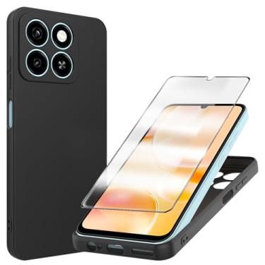 Imagem de YJROP Capa para ZTE Blade A35/A55 com película protetora de tela de vidro temperado fina de silicone de corpo inteiro antiarranhões à prova de choque para ZTE Blade A35/A55 (preto)