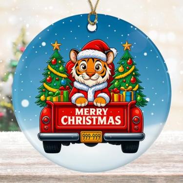 Imagem de DamienBrightGift Enfeite de Natal de Papai Noel Tigre - Caminhão Vermelho de Cerâmica com Decoração de Árvore - Presente de Lembrança de Natal de Gato Grande Engraçado - Decoração de Natal Animal