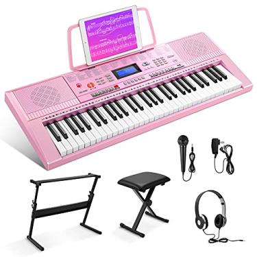 Imagem de Eastar Piano elétrico, teclado de piano de 61 teclas para iniciantes, piano digital com pacote de luxo, inclui suporte, banco, suporte de música, fone de ouvido, adesivos de microfone e notas musicais, rosa