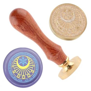 Imagem de Carimbo de lacre de cera de Natal, floco de neve, latão e cabo de madeira, cabeça para cartões de Natal, convites, cartas, envelopes, cartões de felicitações, presentes