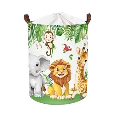 Imagem de Clastyle Cesto de roupa suja infantil com folhas dobráveis para animais da floresta, à prova d'água, para meninos e meninas, caixa de brinquedos para quarto de bebê, elefante e girafa, 36 x 45 cm