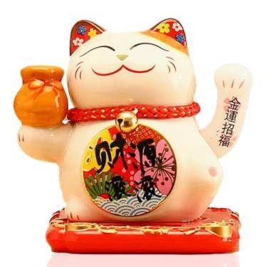 Imagem de Tgfer Nova estátua de cerâmica movida a energia solar Maneki Neko Becoking Lucky Fortune Cat estátua para exibição de casa/decoração de carro (moedas)